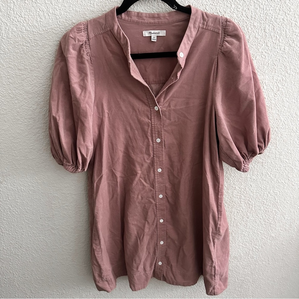 Madewell Button Muted soft  Pink Corduroy Puff-Sleeve Mini Dress small xxs